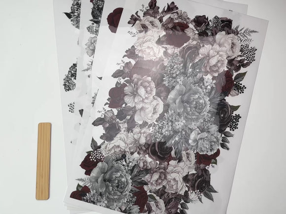 A 14 second video shows a close-up of 4 sheets of Belles & Whistles' Monochrome Majesty rub-on transfer are against a white background.