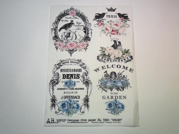 A 15 second video showing a close-up and backside of AB Studio's French Bird Labels A4 rice decoupage paper is against a white background.