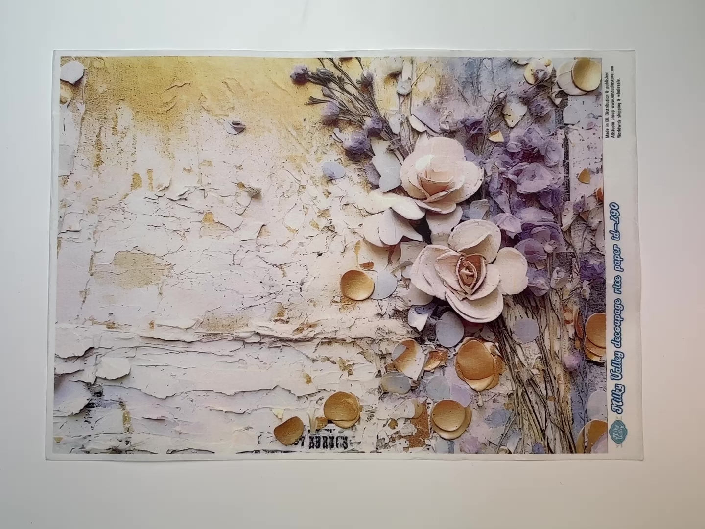 A 13 second video showing a close-up and backside of AB Studio's Milk and Honey Lavender A4 rice decoupage paper is against a white background.