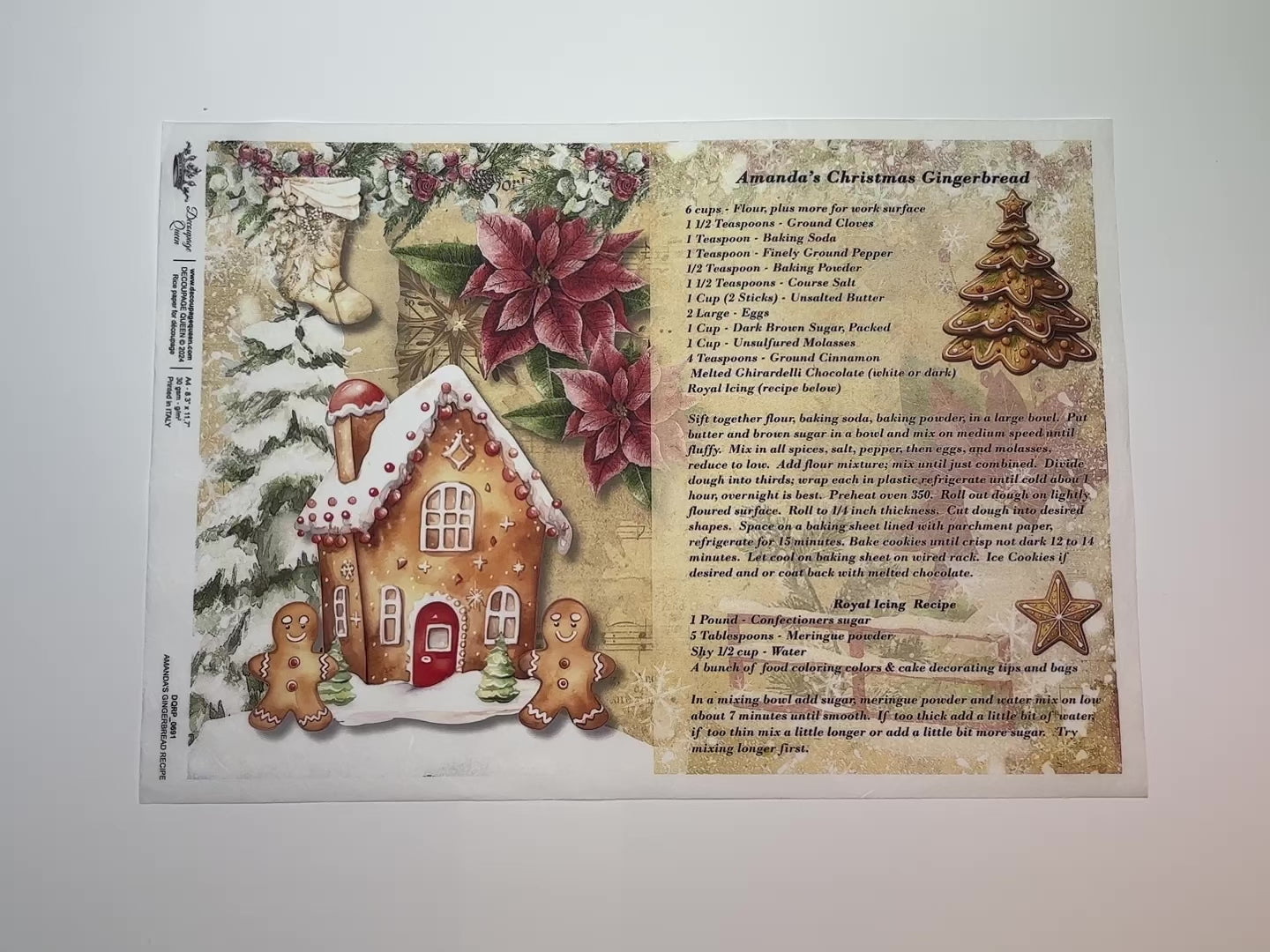 A 15 second video shows a close-up and backside of Decoupage Queen's Amanda's Gingerbread Recipe A4 rice paper against a white background.