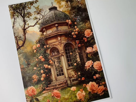 A 13 second video shows a close-up and hand lifting the corner to show the backside of LaBlanche's Floral Gazebo A4 Plus rice paper against a white background.