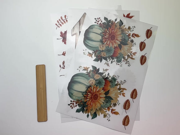 A 15 second video shows a close-up of 3 sheets of Belles & Whistles' Hey Punkin rub-on transfer.