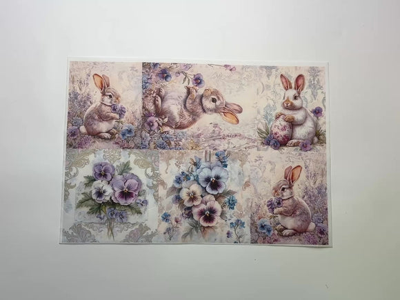 A 13 second video shows a close-up and backside of LaBlanche's Springtime Bunnies and Pansies A4 rice paper against a white background.