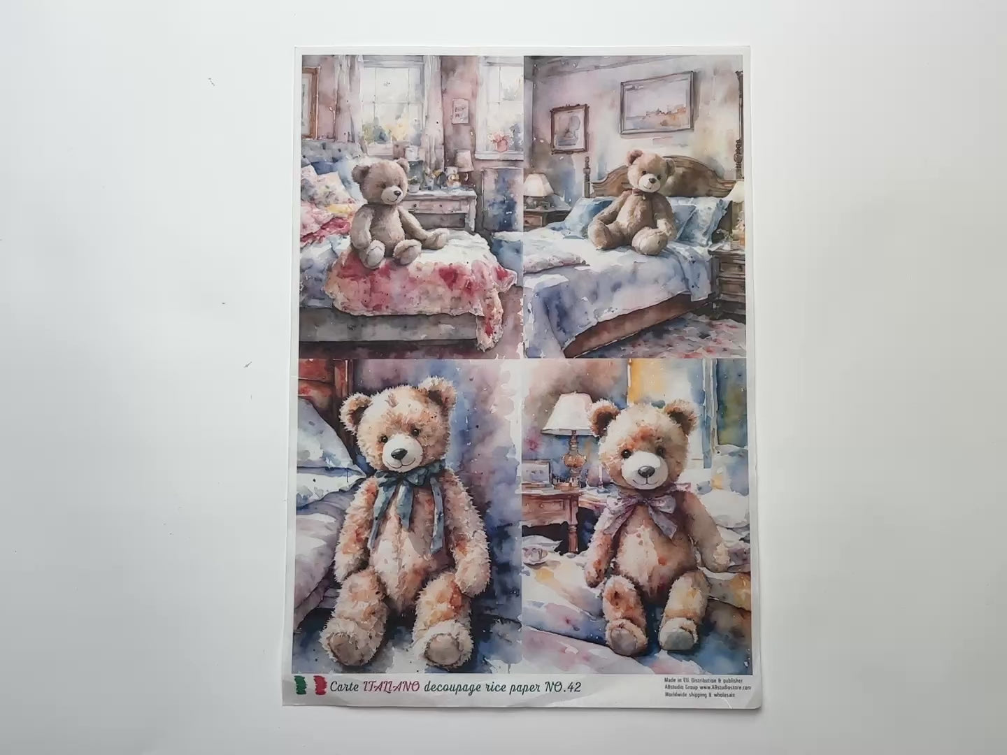 A 14 second video shows a close-up and backside of AB Studio's Teddy Bears A4 rice paper against a white background.