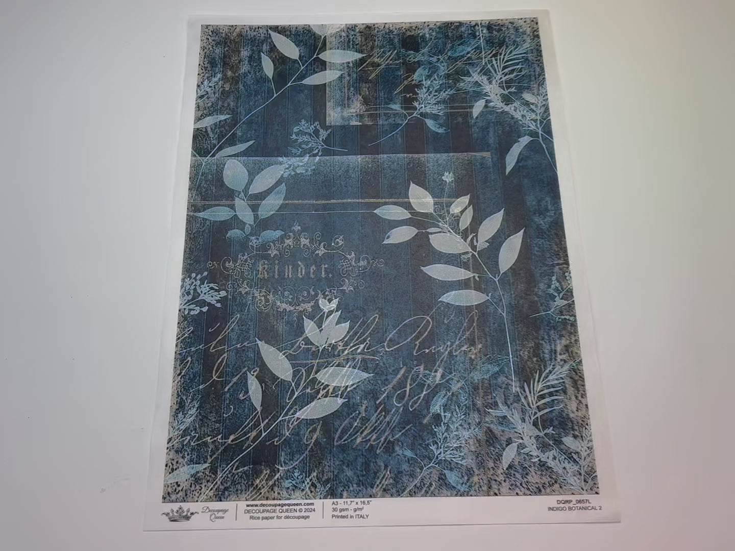 A 14 second video shows a close-up and backside of Decoupage Queen's Indigo Botanical 2 A3 rice paper.