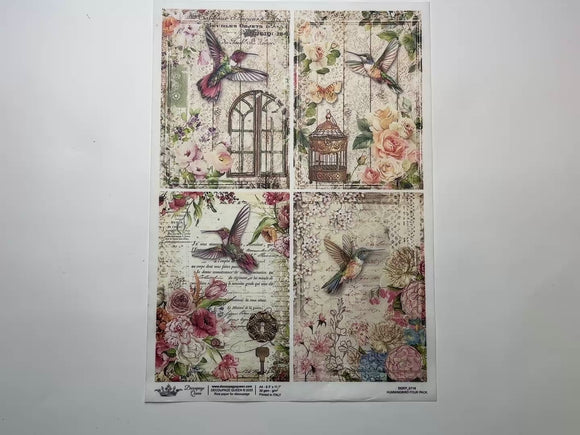 A 14 second video shows a close-up and backside of Decoupage Queen's Hummingbird 4 Pack A4 rice paper against a white background.