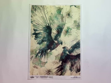 A 12 second video shows a close-up and backside of Decoupage Queen's Andy Skinner Wings of a Dove A4 rice paper against a white background.