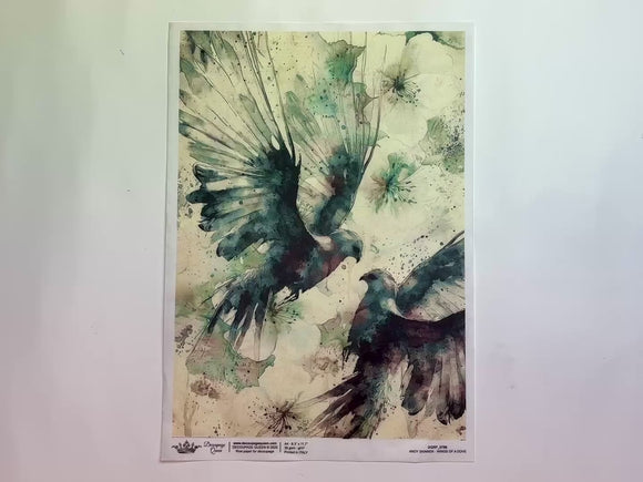 A 12 second video shows a close-up and backside of Decoupage Queen's Andy Skinner Wings of a Dove A4 rice paper against a white background.