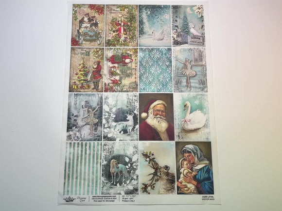 A 13 second video shows a close-up and backside of Decoupage Queen's Winter Minis A3 rice paper against a white background.