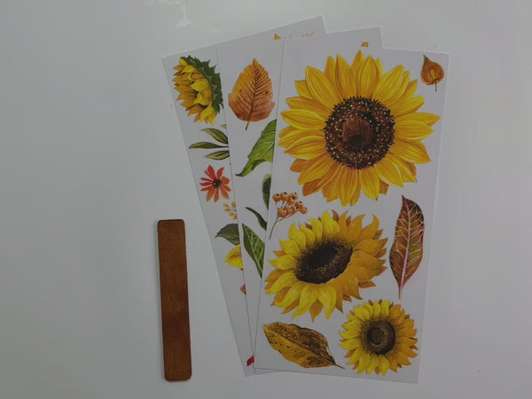 A 14 second video shows a close-up of 3 sheets of ReDesign with Prima's Sunflower Afternoon small rub-on transfer.