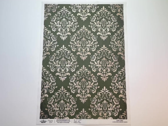 A 14 second video shows a close-up and backside of Decoupage Queen's Green Christmas Damask A3 rice paper against a white background.