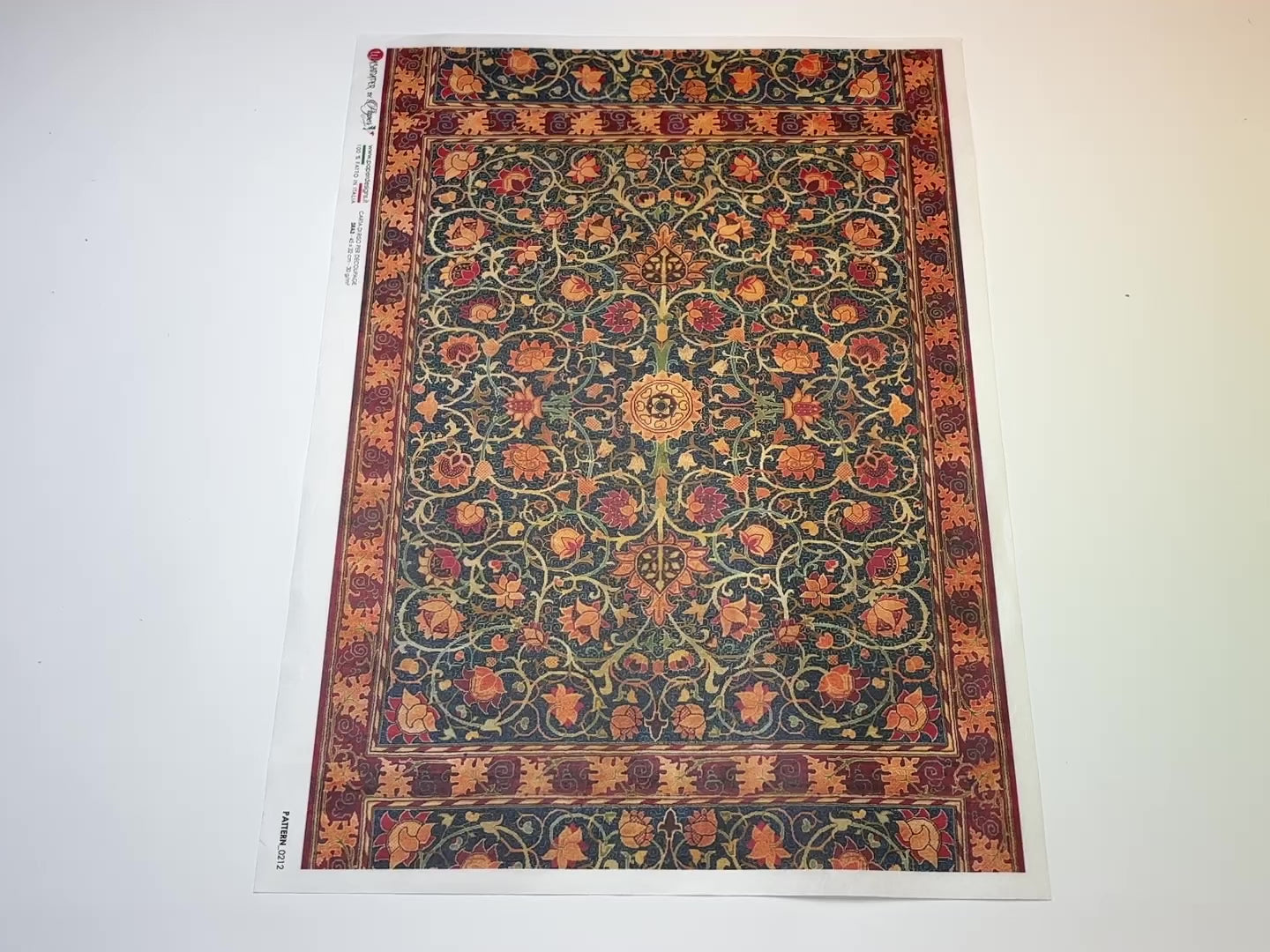 A 15 second video shows a close-up and backside of Paper Design Italy's Holland Park Carpet A3 rice paper against a white background.