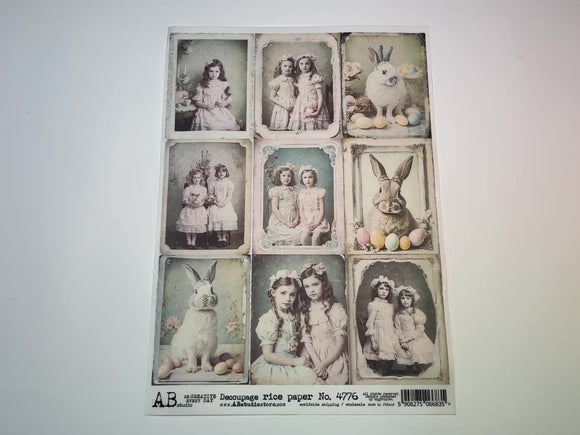 A 15 second video showing a close-up and backside of AB Studio's Nine Vintage Style Easter Scenes A4 rice decoupage paper is against a white background.