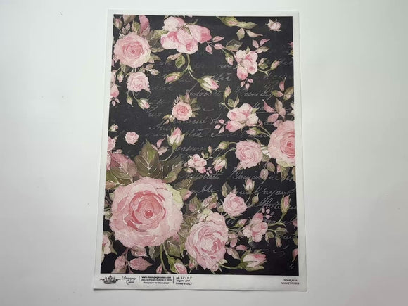 A 13 second video shows a close-up and backside of Decoupage Queen's Market Roses A4 rice paper against a white background.