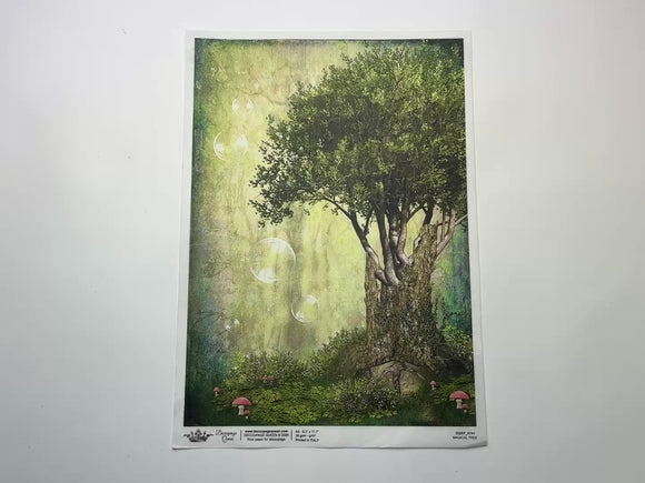 A 14 second video shows a close-up and backside of Decoupage Queen's Magical Tree A4 rice paper against a white background.