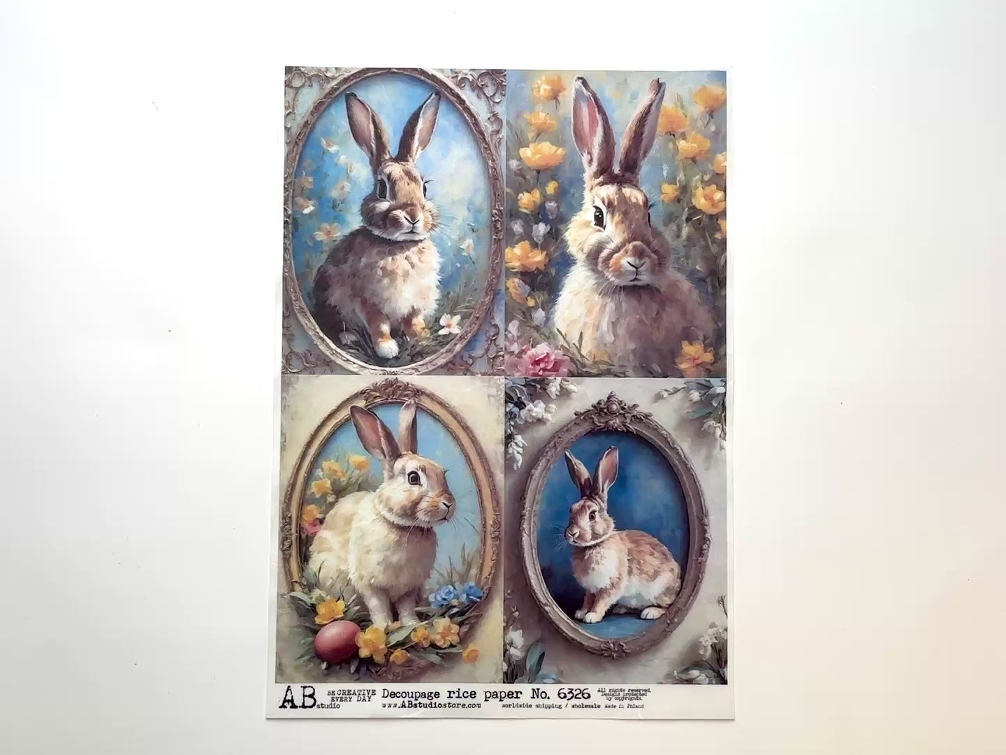 A 15 second video shows a close-up and backside of AB Studio's Oval Bunny Portraits 4 Pack A4 rice paper against a white background.