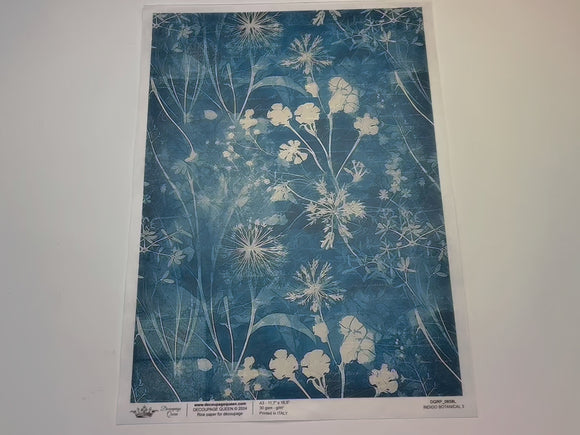 A 14 second video shows a close-up and backside of Decoupage Queen's Indigo Botanical 3 A3 rice paper.