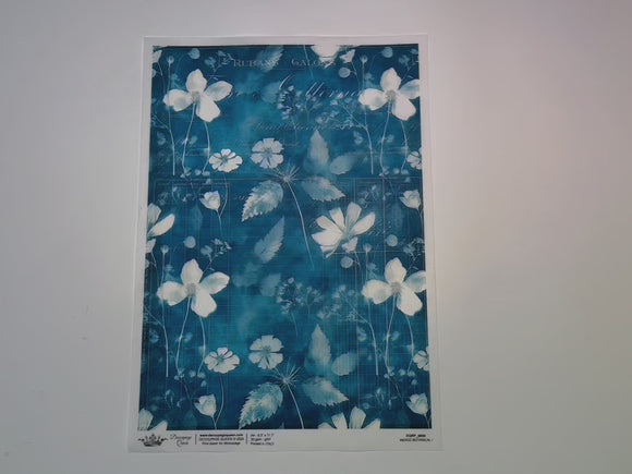 A 14 second video shows a close-up and backside of Decoupage Queen's Indigo Botanical 1 A4 rice paper.