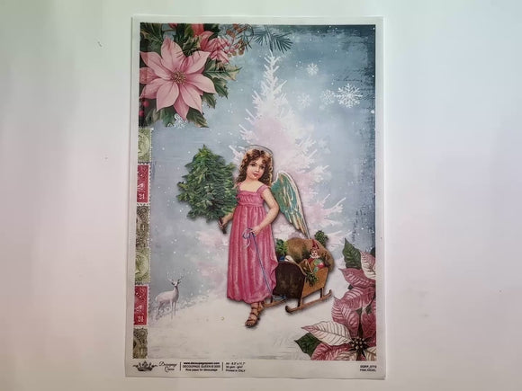 A 14 second video shows a close-up and backside of Decoupage Queen's Pink Angel A4 rice paper against a white background.