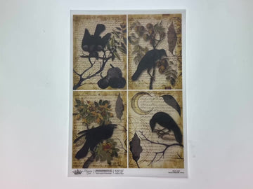 A 13 second video shows a close-up and backside of Decoupage Queen's Four Raven Grimoire Designs A4 vellum decoupage paper against a white background.