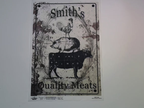 A 14 second video shows a close-up and backside of Decoupage Queen's Smith's Quality Meats A4 rice paper.