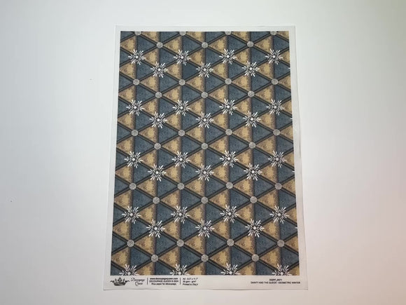 A 14 second video shows a close-up and backside of Decoupage Queen's Geometric Winter A4 rice paper against a white background.