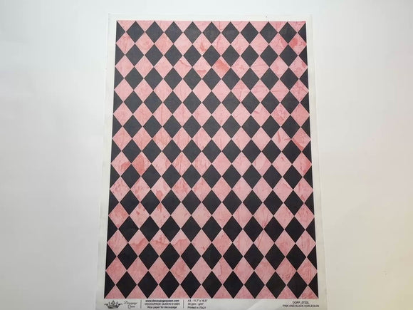 A 14 second video shows a close-up and backside of Decoupage Queen's Pink and Black Harlequin A3 rice paper against a white background.