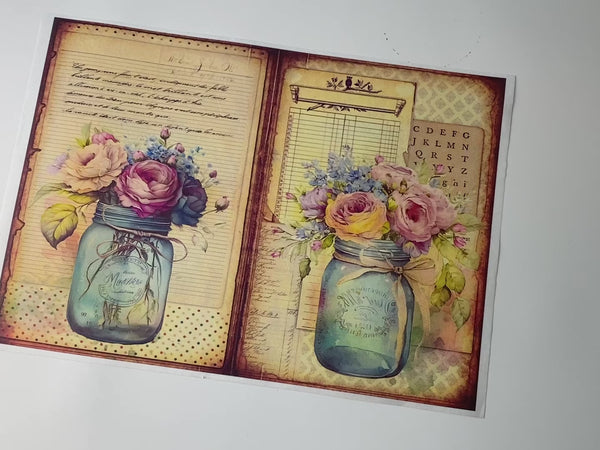 A 15 second video shows a close-up and a hand lifting Decoupage Queen's Flowers in Mason Jar 2 A4 Plus rice paper against a white background.