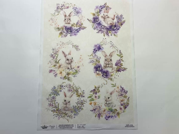 A 15 second video shows a close-up and backside of Decoupage Queen's Spring Bunnies A3 rice paper against a white background.