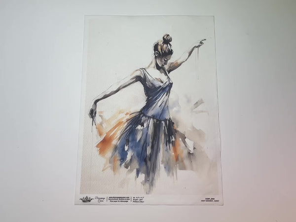 An 11 second video shows a close-up and backside of Decoupage Queen's Andy Skinner Avant Ballerina rice paper against a white background.