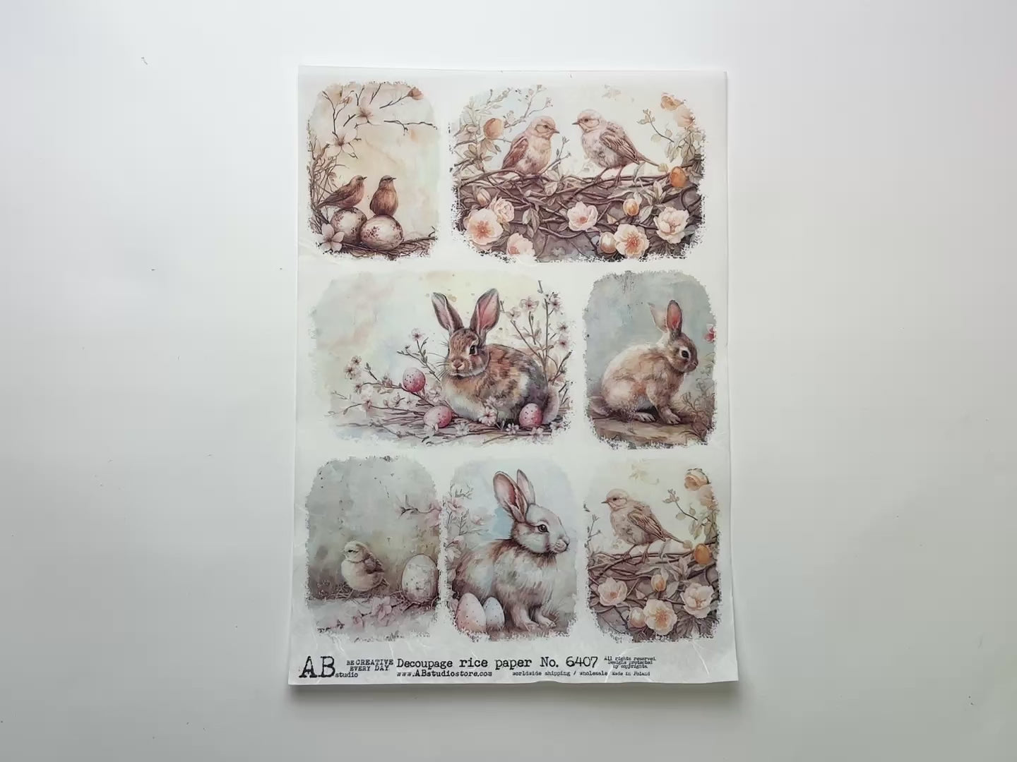 A 13 second video shows a close-up and backside of AB Studio's Easter Scenes 7 Pack A4 rice paper against a white background.