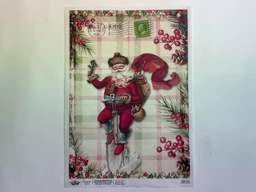 A 13 second video shows a close-up and backside of Decoupage Queen's Happy Santa A4 rice paper against a white background.