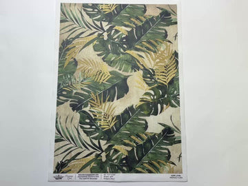 A 14 second video shows a close-up and backside of Decoupage Queen's Tropical Flora A3 rice paper against a white background.