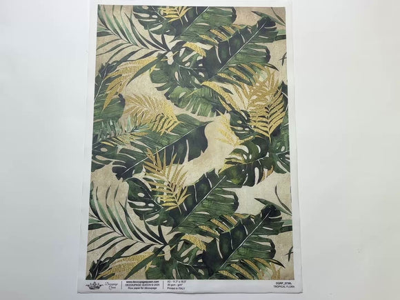 A 14 second video shows a close-up and backside of Decoupage Queen's Tropical Flora A3 rice paper against a white background.