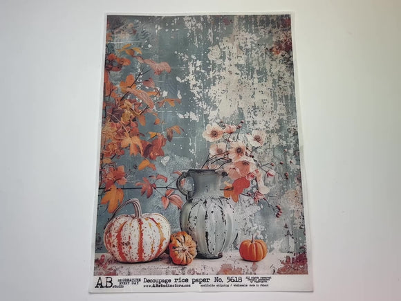 A 14 second video showing a close-up and backside of AB Studio's Pastel Pumpkins Distressed A4 rice decoupage paper is against a white background.