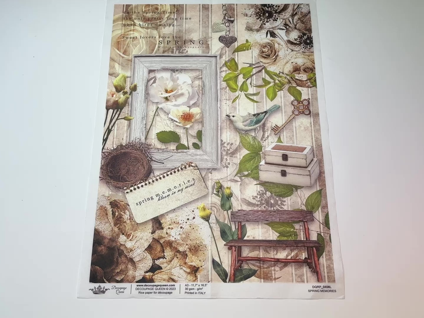 A 15 second video of a close-up and backside of Decoupage Queen's Spring Memories A3 rice paper is against a white background.
