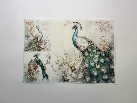 A 12 second video shows a close-up and backside of LaBlanche's Luxury Floral Peacocks A4 rice paper against a white background.