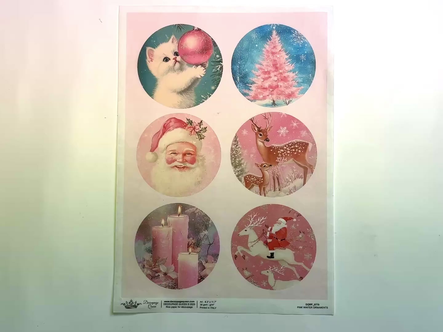 A 12 second video shows a close-up and backside of Decoupage Queen's Pink Winter Ornaments A4 rice paper against a white background.