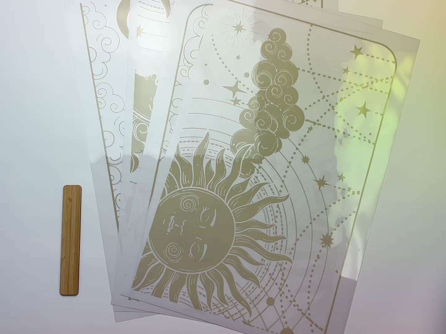 A 15 second video shows a close-up and backside of 4 sheets of Belles & Whistles' Lani's Celestial Dream rub-on transfers against a white background.