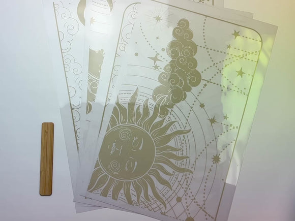 A 15 second video shows a close-up and backside of 4 sheets of Belles & Whistles' Lani's Celestial Dream rub-on transfers against a white background.