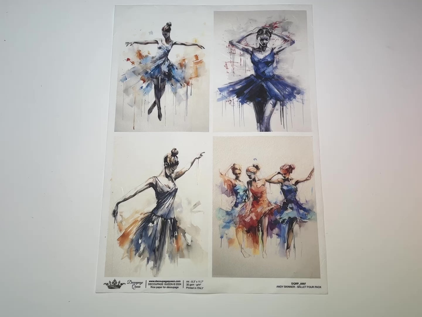 A 13 second video shows a close-up and backside of Decoupage Queen's Andy Skinner Ballet Four Pack rice paper against a white background.