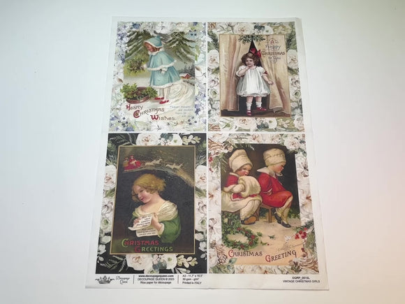 A 15 second video of a close-up and backside of Decoupage Queen's Vintage Christmas Girls A3 rice paper is against a white background.
