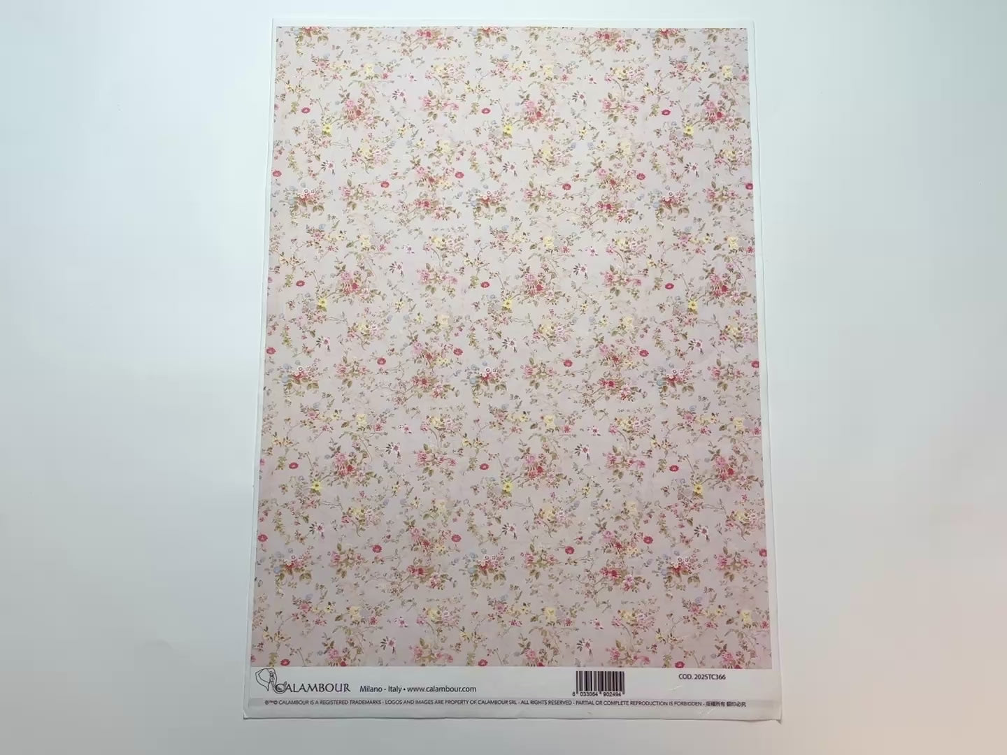 A 14 second video shows a close-up and backside of Calambour Italy's Dusty Rose Florals Pattern A3 rice paper against a white background.