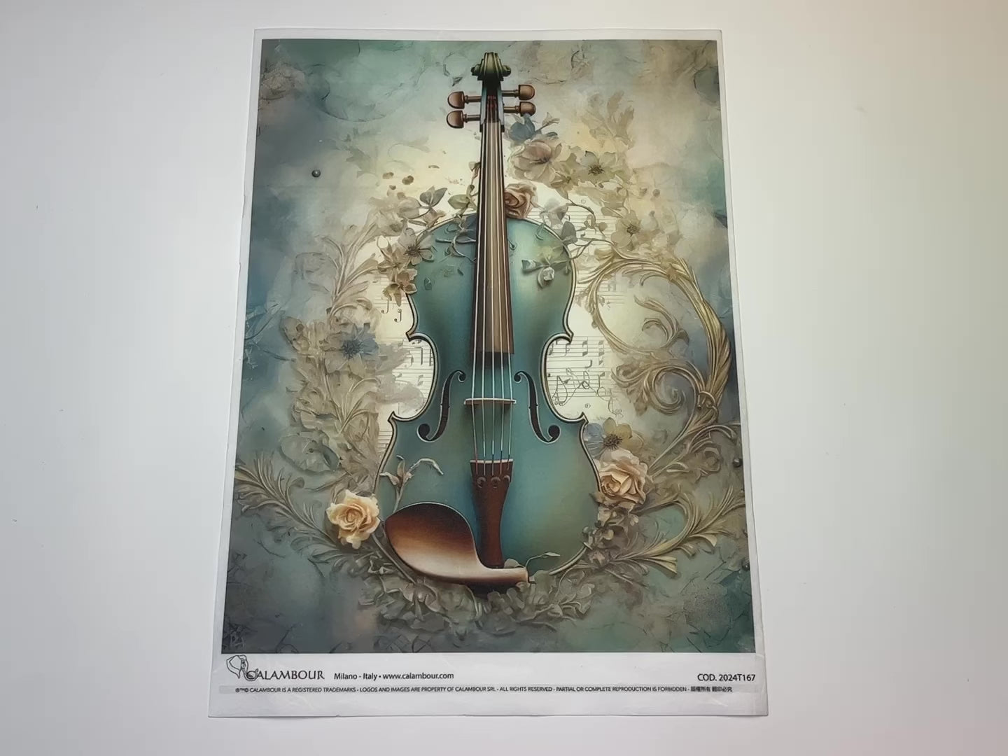 A 14 second video shows a close-up and backside of Calambour Italy's Dreamscape Violin rice paper against a white background.