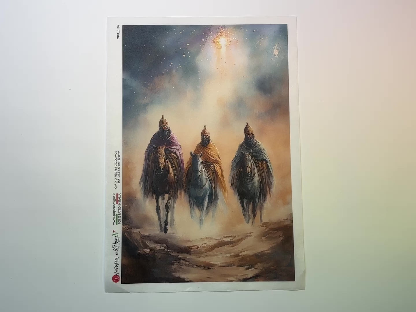 A 14 second video shows a close-up and backside of Paper Designs Italy's Three Wise Men Journey A4 rice paper against a white background.