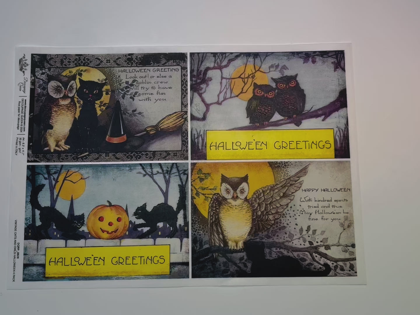 A 15 second video shows a close-up and backside of Decoupage Queen's Vintage Cats and Owls Halloween 4 Pack A4 rice paper.