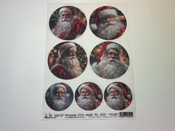 A 14 second video of a close-up and backside of AB Studio's Traditional Santas Ornament Rounds A4 rice paper is against a white background.