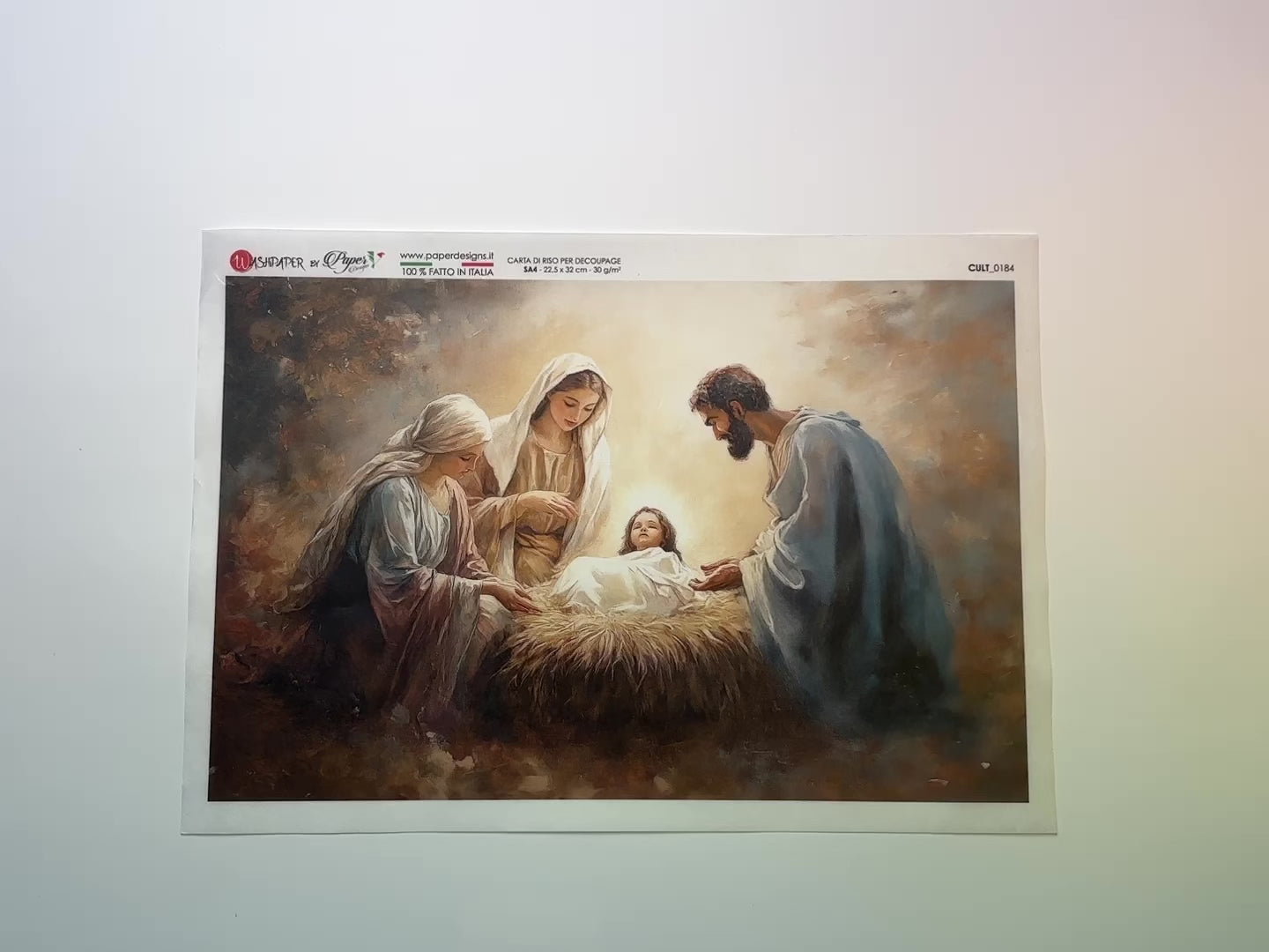 A 13 second video shows a close-up and backside of Paper Designs Italy's Peaceful Nativity Scene A4 rice paper against a white background.