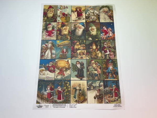 A 15 second video of a close-up and backside of Decoupage Queen's Advent Santas A3 rice paper is against a white background.
