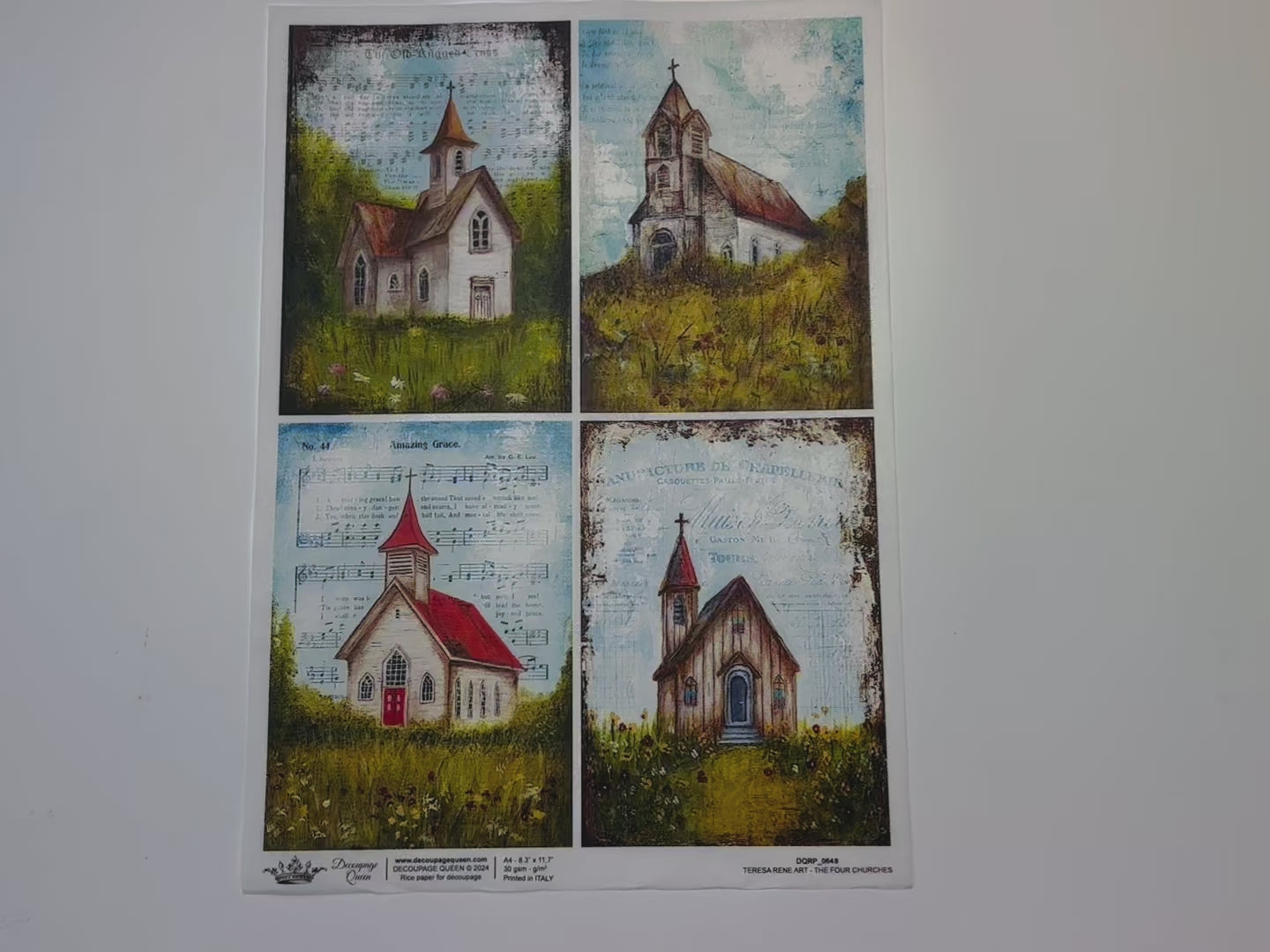 A 14 second video shows a close-up and backside of Decoupage Queen's The Four Churches A4 rice paper.